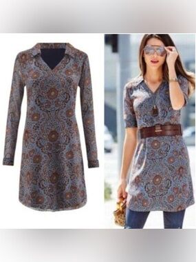 CABI Blue Paisley Floral Long-Sleeve V-Neck Dress with Brown Accents Sz XS